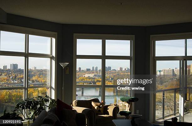 edmonton - through the windows of a condo - edmonton river stock pictures, royalty-free photos & images