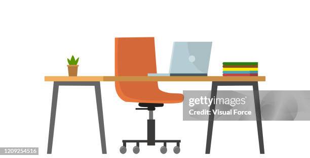 bildbanksillustrationer, clip art samt tecknat material och ikoner med töm inga människor bankkontor koncept. vektor platt tecknad grafisk design illustration - skrivbord