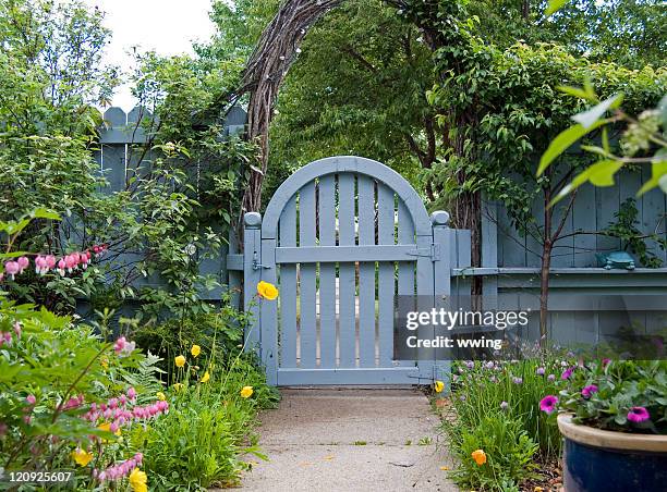 blue garden gate - formal garden gate stock pictures, royalty-free photos & images