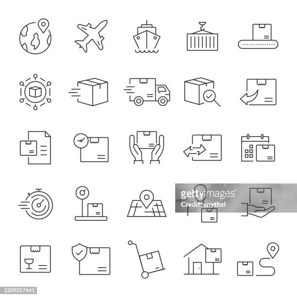 set of shipping, logistic and delivery related line icons. editable stroke. simple outline icons. - ordering stock illustrations