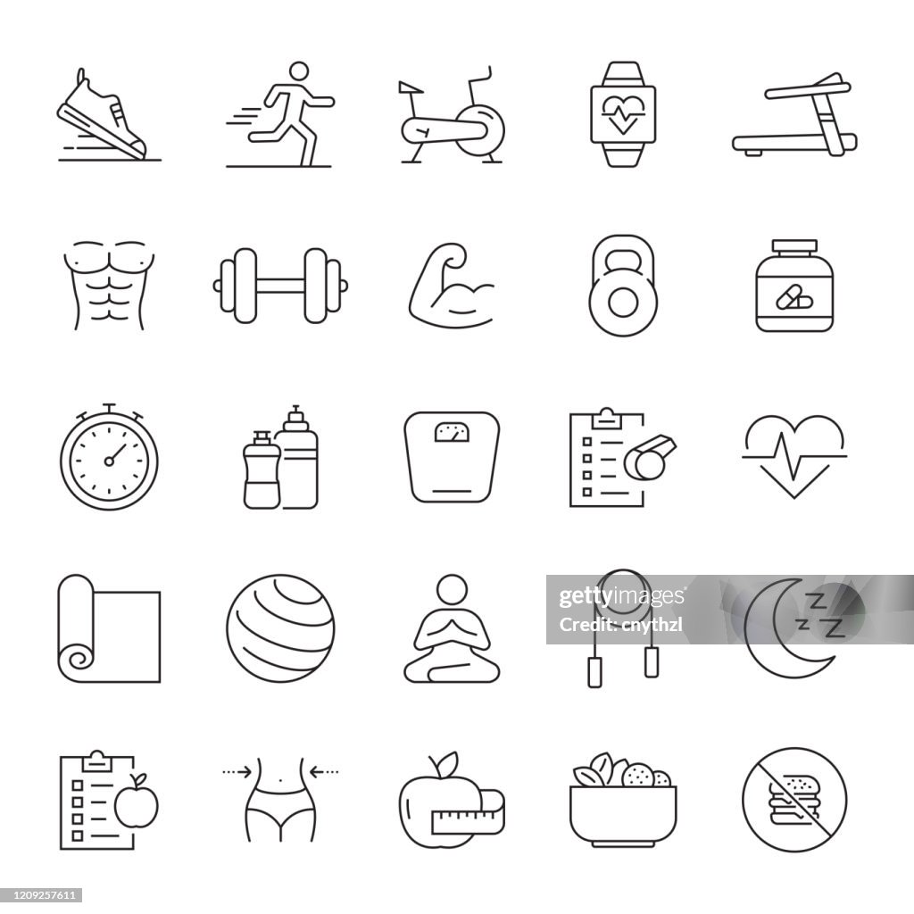 Set of Fitness, Gym and Healthy Lifestyle Related Line Icons. Editable Stroke. Simple Outline Icons.