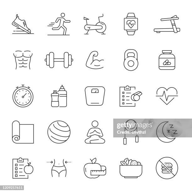 set of fitness, gym and healthy lifestyle related line icons. editable stroke. simple outline icons. - muscle stock illustrations