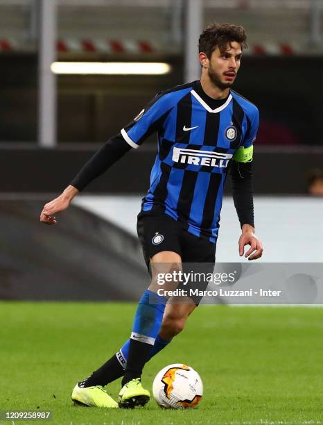 Andrea Ranocchia of FC Internazionale in action during the UEFA Europa League round of 32 second leg match between FC Internazionale and PFC...