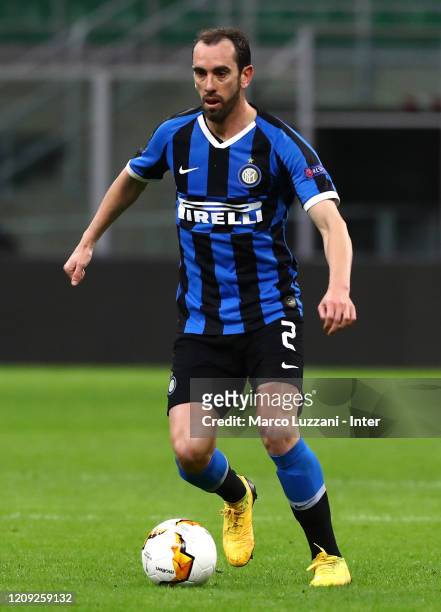Diego Godin of FC Internazionale in action during the UEFA Europa League round of 32 second leg match between FC Internazionale and PFC Ludogorets...