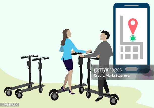 people using scooter rental in the city using your phone. - go paperless stock illustrations