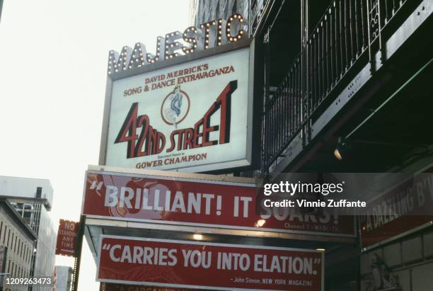 The Majestic Theatre on Broadway, in Midtown Manhattan, New York City, New York, circa 1985. The theatre is staging a production of stage musical...