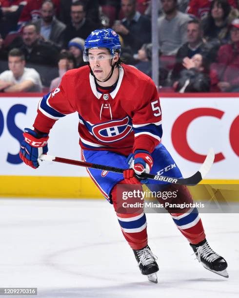 Charles Hudon of the Montreal Canadiens skates against the New York Rangers during the first period at the Bell Centre on February 27, 2020 in...