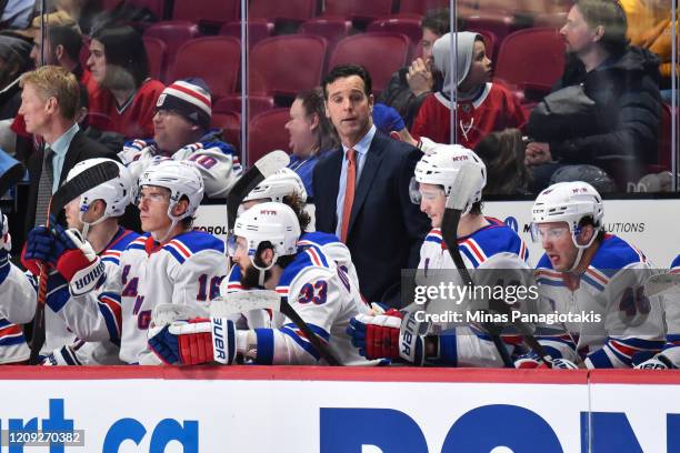 Head coach of the New York Rangers David Quinn looks on from the bench during the third period against the Montreal Canadiens at the Bell Centre on...