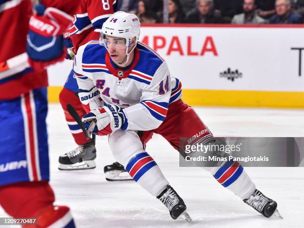 Greg McKegg of the New York Rangers skates against the Montreal Canadiens during the third period at the Bell Centre on February 27, 2020 in...