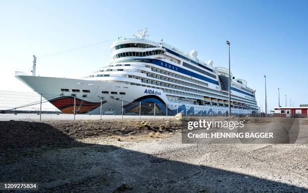 Picture takn on April 6, 2020 shows the Italian cruiseship Aidadiva docked in Skagen harbour, at the most northern point in Denmark, where it is set...