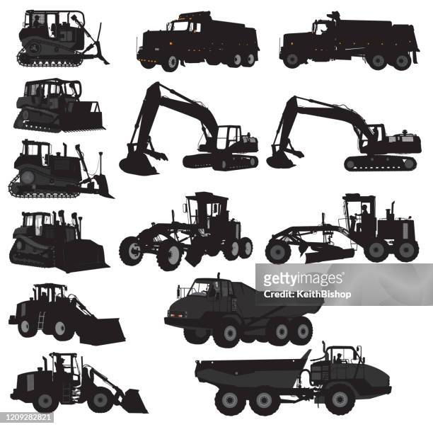stockillustraties, clipart, cartoons en iconen met construction vehicle set - bulldozer, dump truck, auger - shovel