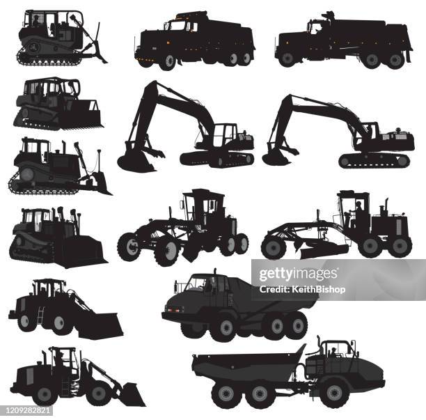 construction vehicle set - bulldozer, dump truck, auger - agricultural machinery stock illustrations