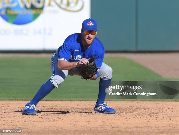 Patrick Kivlehan of the Toronto Blue Jays fields during the Spring Training game against the Detroit Tigers at Publix Field at Joker Marchant Stadium...