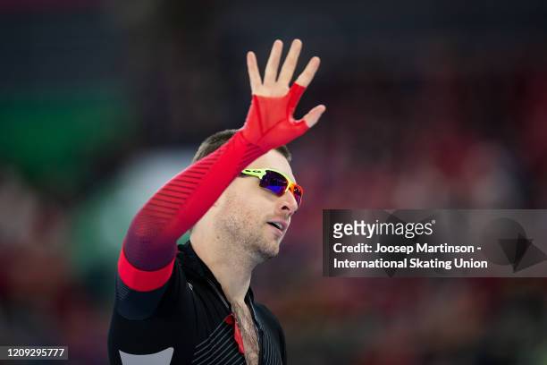 Laurent Dubreuil of Canada reacts in the 1st Men's 500m Sprint during the Combined ISU World Sprint & World Allround Speed Skating Championships at...