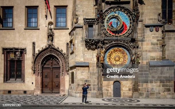 Prague astronomical clock is seen in Prague, Czech Republic on April 6, 2020. The Government of the Czech Republic prolongs quarantine measures...