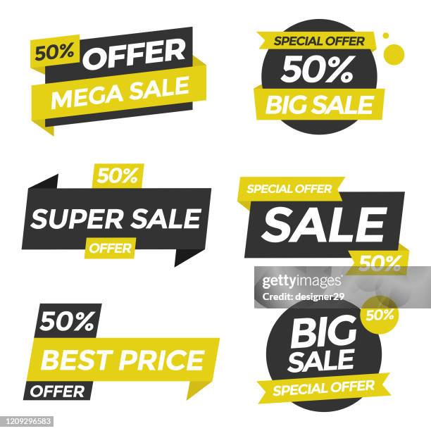 sale tags icon set. special offer, big sale, discount, vector design. store, online shopping flat design on white background. - coupon stock illustrations