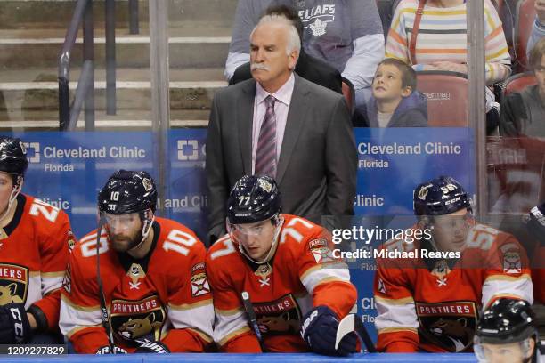 Head coach Joel Quenneville looks on from the bench against the Toronto Maple Leafs during the third period at BB&T Center on February 27, 2020 in...