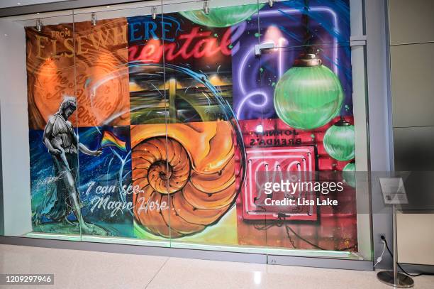 Dispatches From Elsewhere" mural by artist Glossblack at the Comcast Technology Center on February 28, 2020 in Philadelphia, Pennsylvania.