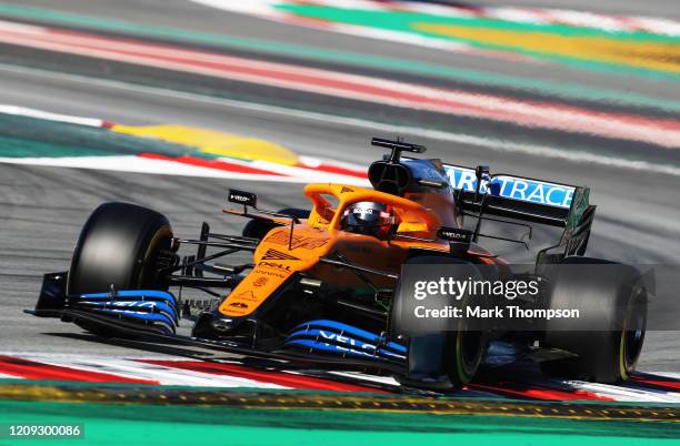 Carlos Sainz of Spain driving the McLaren F1 Team MCL35 Renault on track during Day Three of F1 Winter Testing at Circuit de Barcelona-Catalunya on...