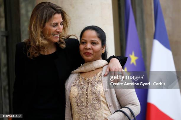 Asia Bibi and Anne-Isabelle Tollet seen leaving Elysee Palace after a meeting with French President Emmanuel Macron, on February 28, 2020 in Paris,...