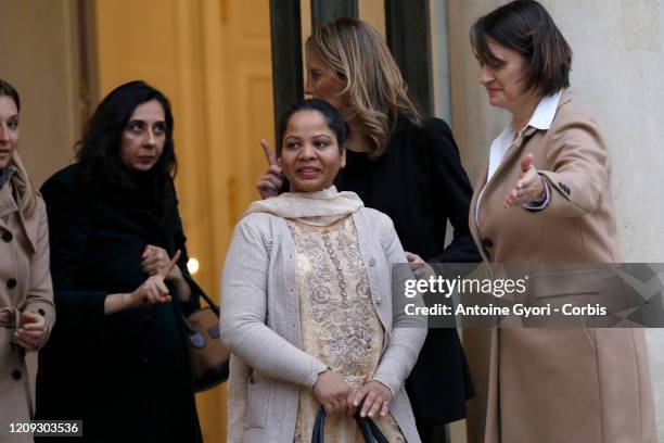 Asia Bibi and Anne-Isabelle Tollet seen leaving Elysee Palace after a meeting with French President Emmanuel Macron, on February 28, 2020 in Paris,...