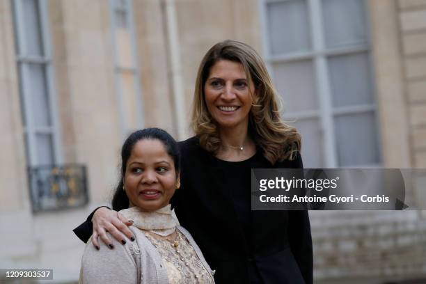 Asia Bibi and Anne-Isabelle Tollet seen leaving Elysee Palace after a meeting with French President Emmanuel Macron, on February 28, 2020 in Paris,...