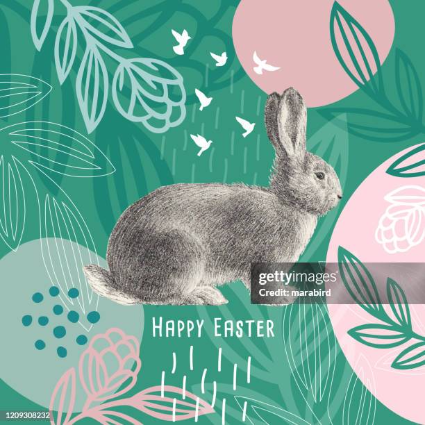 frohe ostern nachricht osterhase auf blumenmuster - easter flowers stock-grafiken, -clipart, -cartoons und -symbole