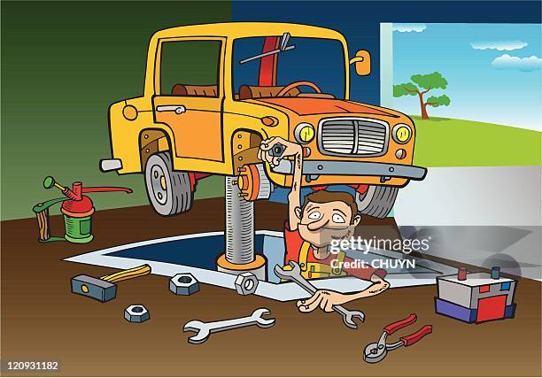 lustiger mechaniker - auto repair shop stock-grafiken, -clipart, -cartoons und -symbole