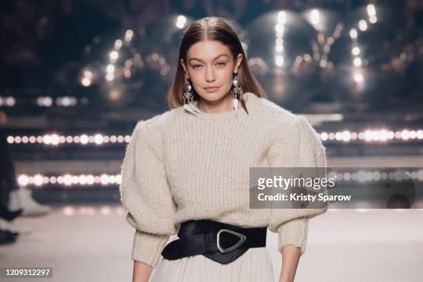 Gigi Hadid walks the runway during the Isabel Marant show as part of Paris Fashion Week Womenswear Fall/Winter 2020/2021 on February 27, 2020 in...