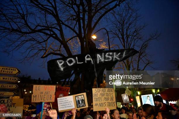 Feminist activists gather next to the Cesar Film Awards Ceremony to protest against the nominations of Roman Polanski's film 'An officer and a spy'...