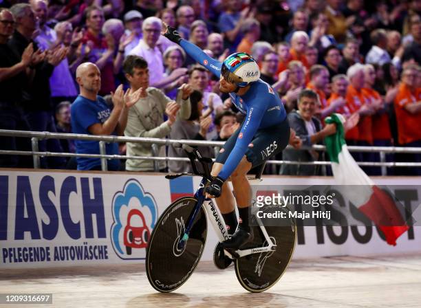 Filippo Ganna of Italy celebrates winning gold after the Men's Individual Pursuit Gold Medal Race during day 3 of the UCI Track Cycling World...