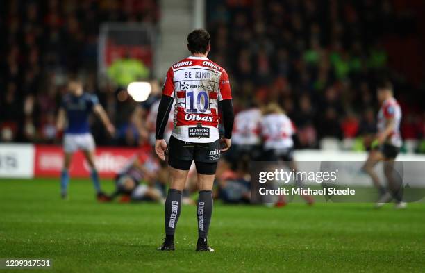 Danny Cipriani of Gloucester Rugbyis pictured wearing a shirt with the words Be Kind on the back as a tribute to Caroline Flack during the the...