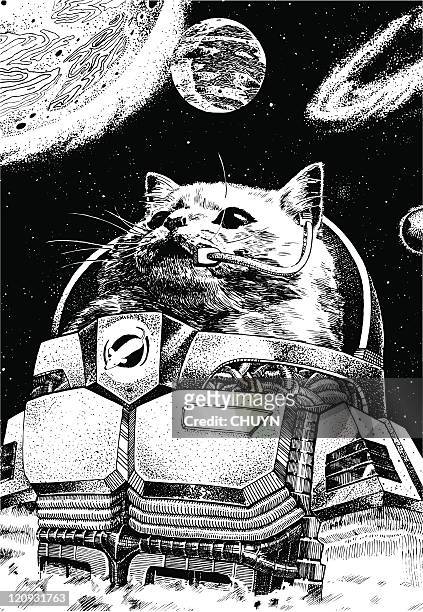 stockillustraties, clipart, cartoons en iconen met astronaut cat wearing a space suit with planets floating around him - spacewalk