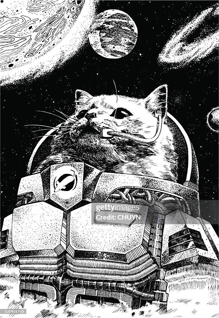 Astronaut Cat Wearing A Space Suit With Planets Floating Around Him