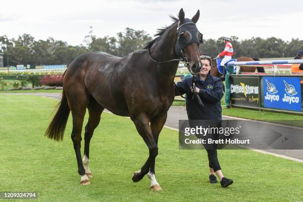 Trainer Leonie Proctor after her horse Well Sprung won the Hygain BM78 Handicap at Bendigo Racecourse on April 07, 2020 in Bendigo, Australia.