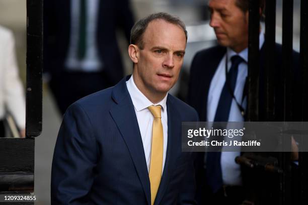 Britain's Foreign Secretary Dominic Raab arrives at 10 Downing Street for today's C-19 committee meeting on April 7, 2020 in London, England. Prime...
