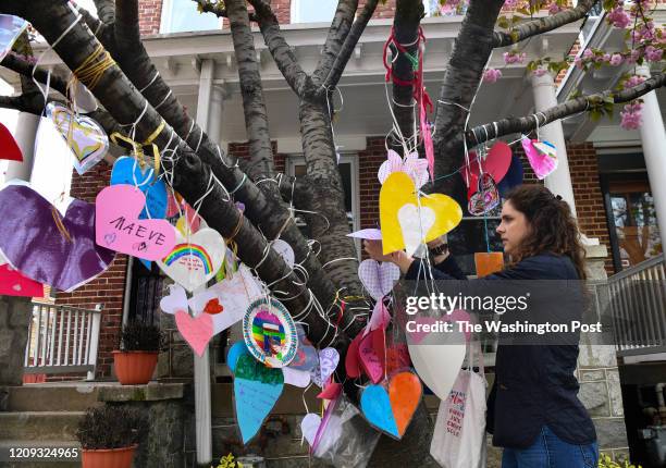 Elizabeth Nigro, a teacher from the McKean children's school, adds a heart to the tree in front of the McKean home on Capitol Hill on Saturday, April...