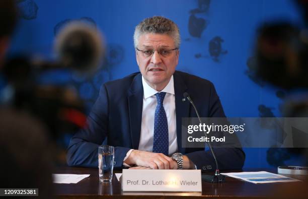 Lothar Wieler, President of the Robert Koch Institute, Germany's agency for the control of infectious diseases, speaks to the media on the latest...