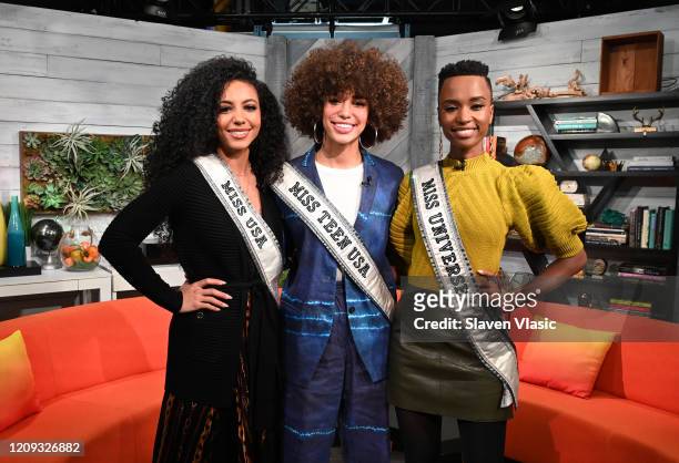 Miss USA 2019 Cheslie Kryst, Miss Universe 2019 Zozibini Tunzi and Miss Teen USA 2019 Kaliegh Garris visit BuzzFeed's "AM To DM" on February 28, 2020...