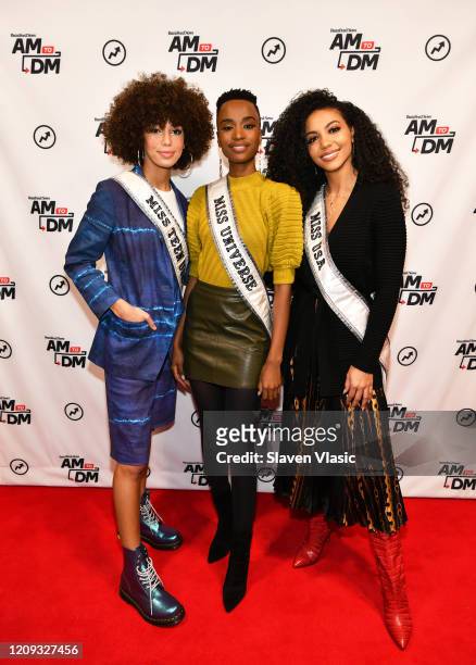 Miss Teen USA 2019 Kaliegh Garris, Miss Universe 2019 Zozibini Tunzi and Miss USA 2019 Cheslie Kryst visit BuzzFeed's "AM To DM" on February 28, 2020...