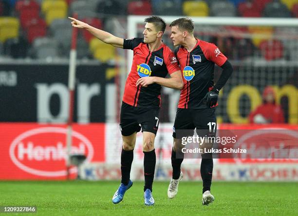 Krzysztof Piatek of Hertha BSC celebrates after scoring his team's third goal during the Bundesliga match between Fortuna Duesseldorf and Hertha BSC...