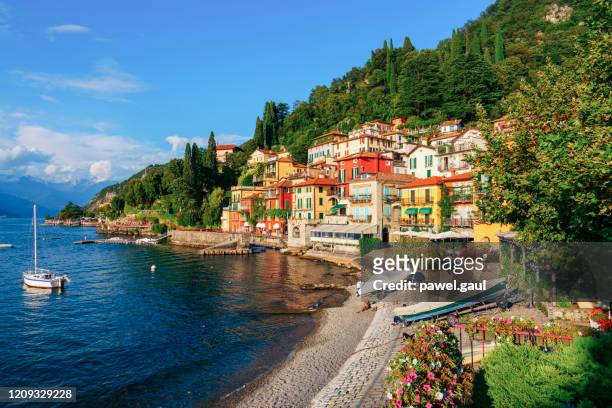 varenna by lake como aerial view italy summer - lake como stock pictures, royalty-free photos & images