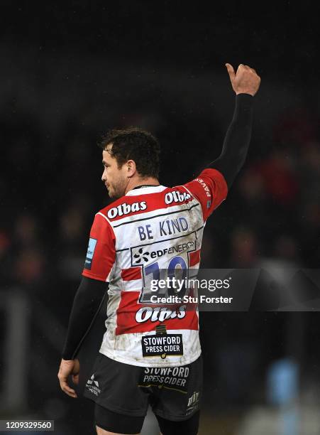 Danny Cipriani of Gloucester in action with the 'Be Kind' message on the back of the shirt, #BeKind during the Gallagher Premiership Rugby match...