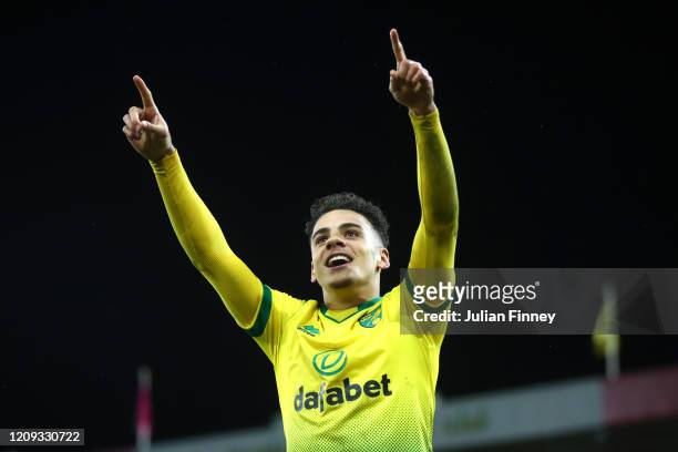 Max Aarons of Norwich City celebrates after Jamal Lewis scores his sides first goal during the Premier League match between Norwich City and...