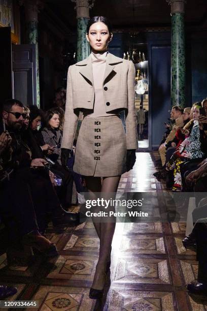 Model walks the runway during the Oliver Theyskens show as part of the Paris Fashion Week Womenswear Fall/Winter 2020/2021 on February 28, 2020 in...