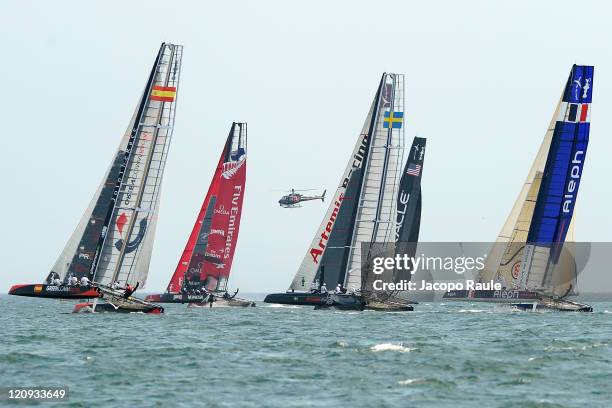 Catamarans compete during the five day of America's Cup World Series on August 12, 2011 in Cascais, Portugal.