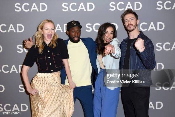 Beth Riesgraf, Jeremy Tardy, Cristina Rodlo and Sam Keeley attend the SCAD aTVfest 2020 - "68 Whiskey" Press Junket on February 28, 2020 in Atlanta,...