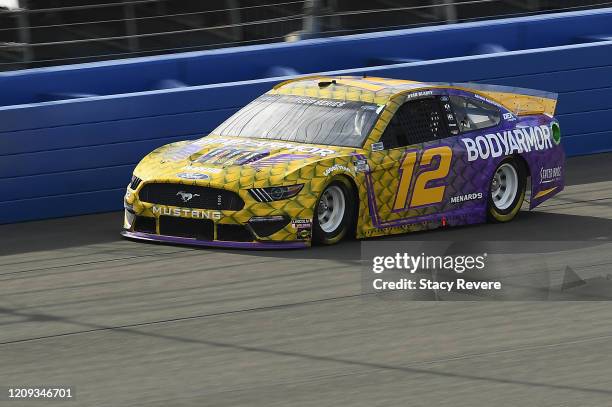 Ryan Blaney, driver of the BodyArmor Ford, practices for the NASCAR Cup Series Auto Club 400 at Auto Club Speedway on February 28, 2020 in Fontana,...