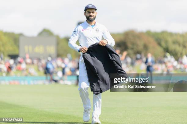 Captain Virat Kohli of India looks on during day one of the Second Test match between New Zealand and India at Hagley Oval on February 29, 2020 in...