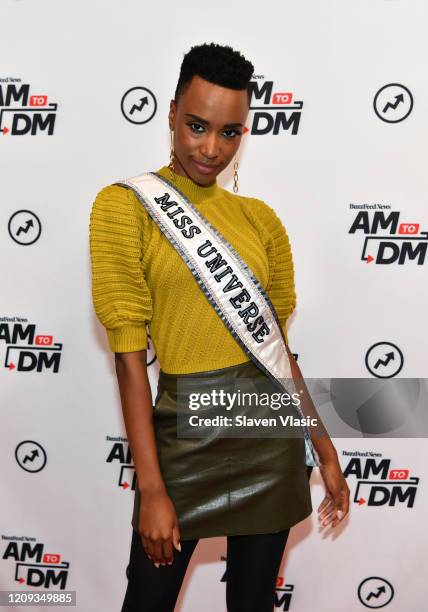 Miss Universe 2019 Zozibini Tunzi visits BuzzFeed's "AM To DM" on February 28, 2020 in New York City.